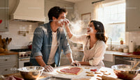 Couple Playfully Baking Heart-Shaped Cookies in Kitchen
