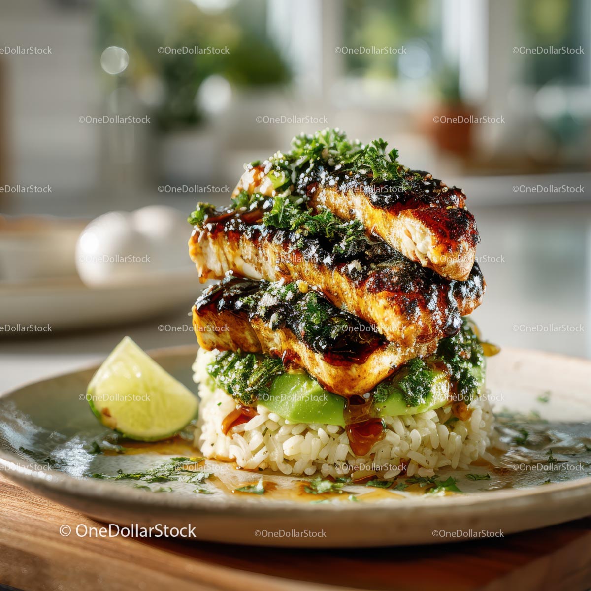 Gourmet Grilled Chicken with Rice and Lime Garnish