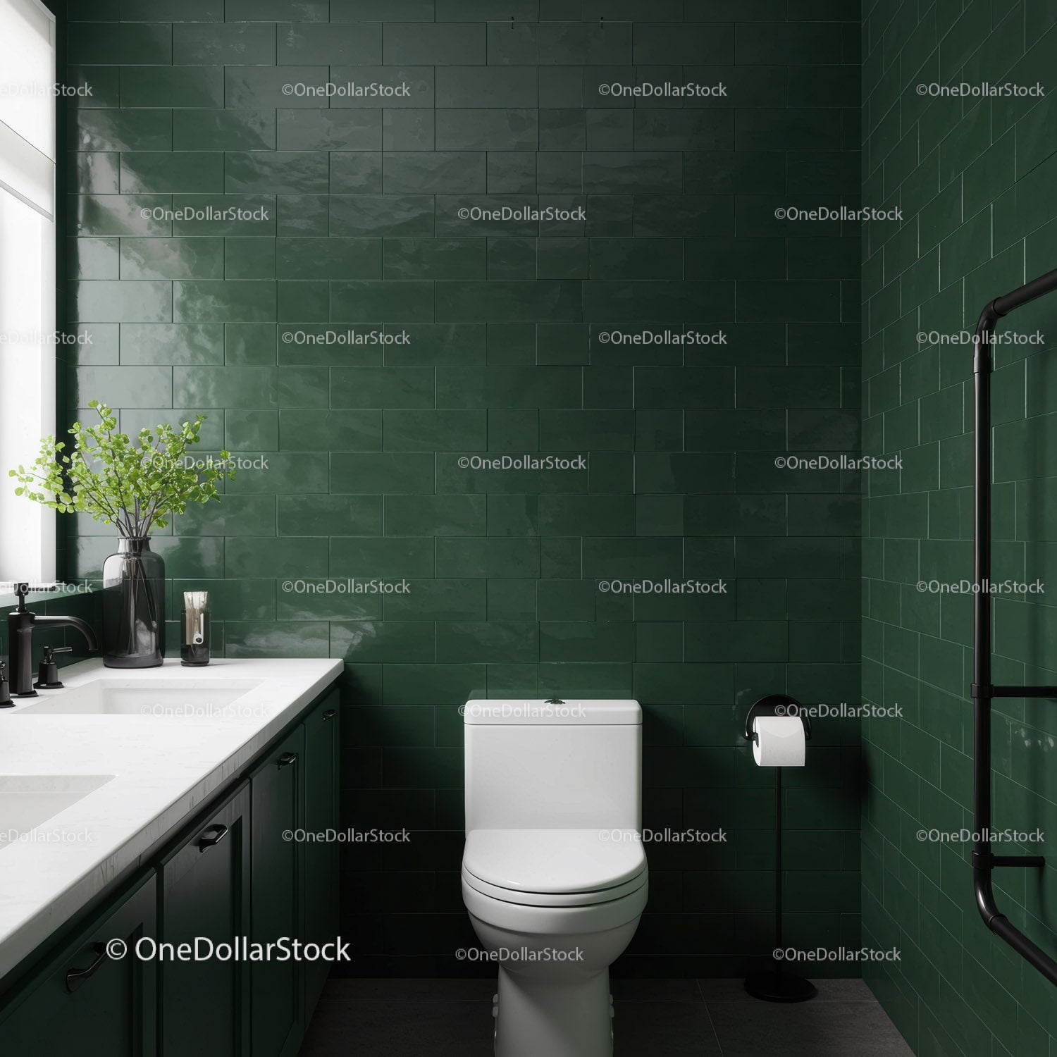 Modern Bathroom with Green Wall Tiles and White Toilet