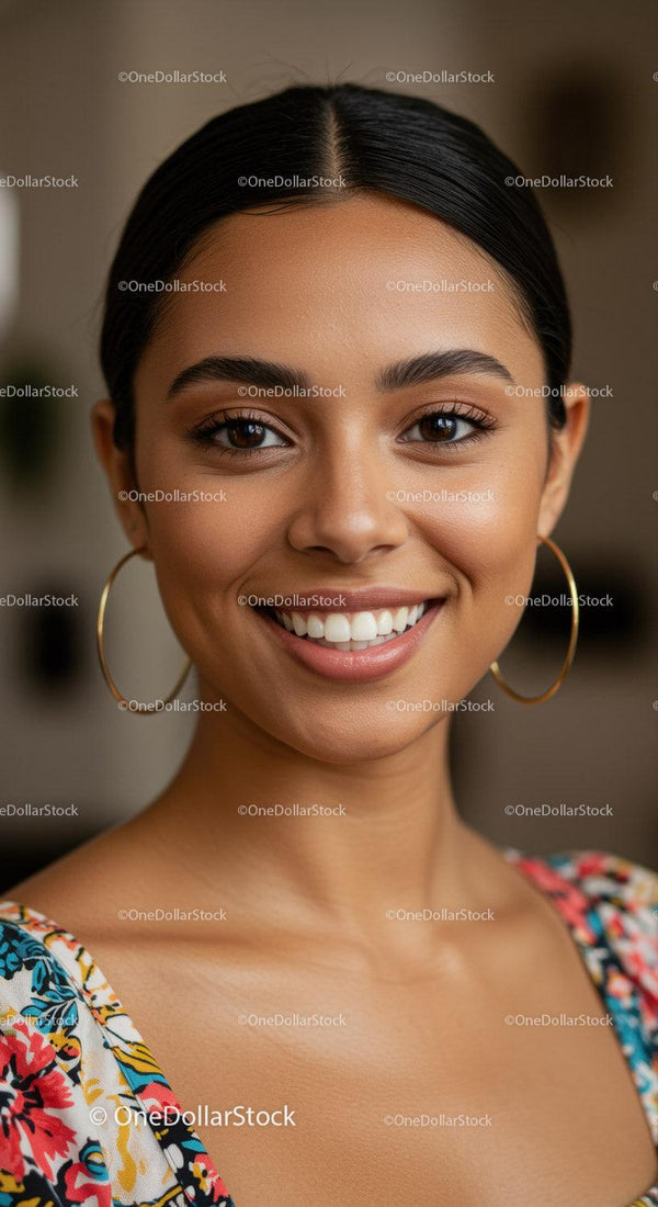 Bright Smiling Woman with Natural Makeup and Earrings