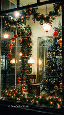 Cozy Christmas window display with festive decorations