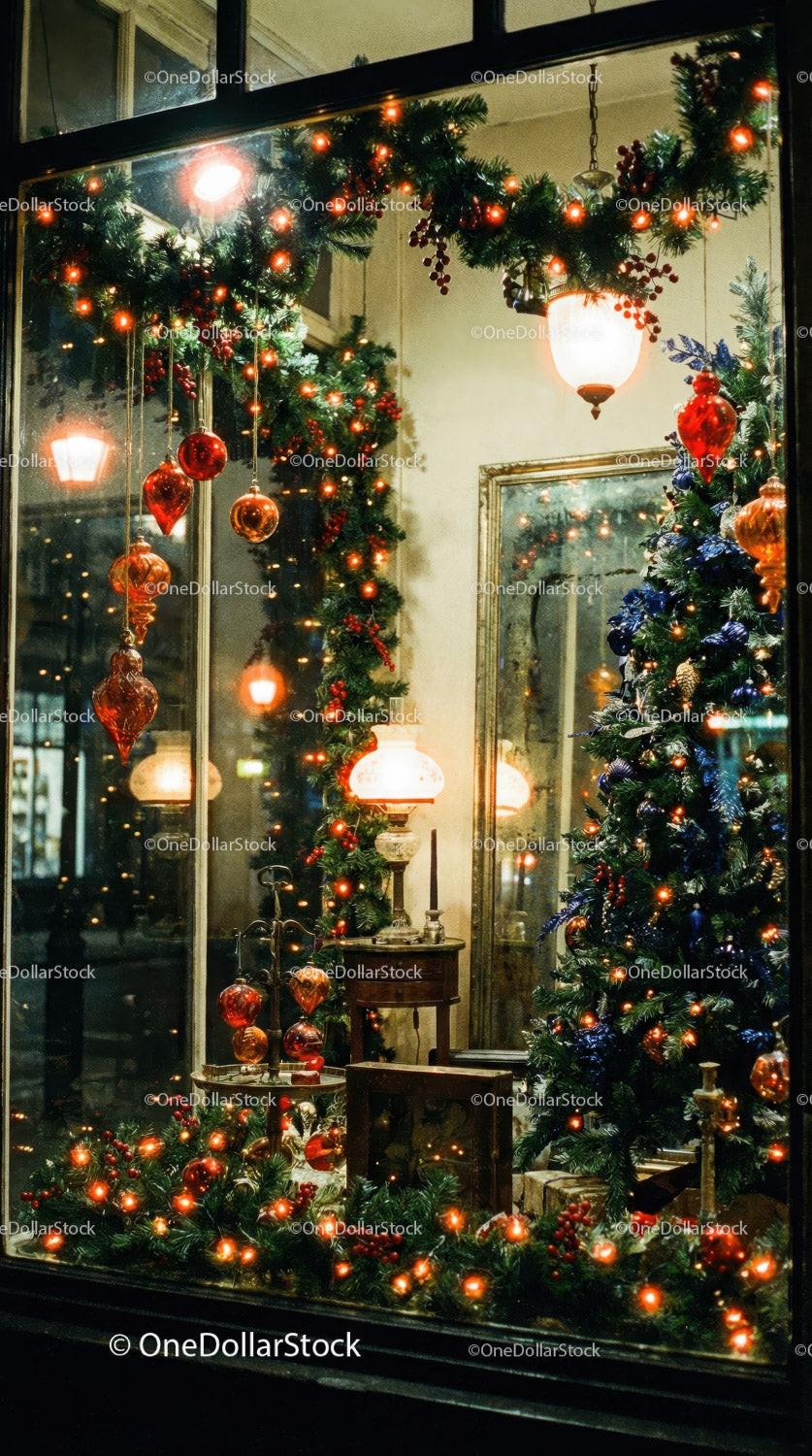 Cozy Christmas window display with festive decorations
