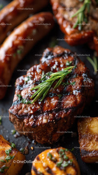 Juicy Grilled Beef Steak with Rosemary Garnish and Roasted Potatoes
