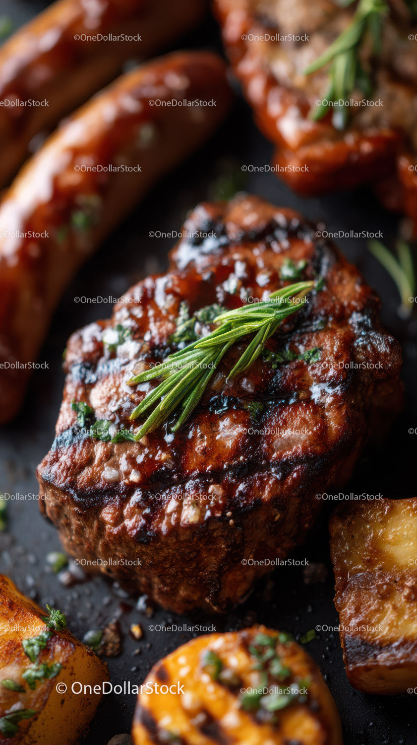 Juicy Grilled Beef Steak with Rosemary Garnish and Roasted Potatoes