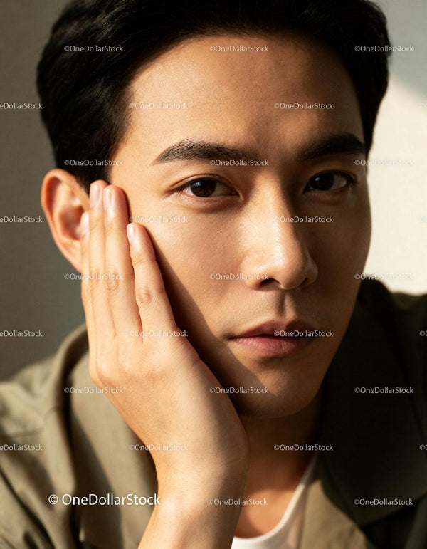 Close up portrait of thoughtful young man with clear skin