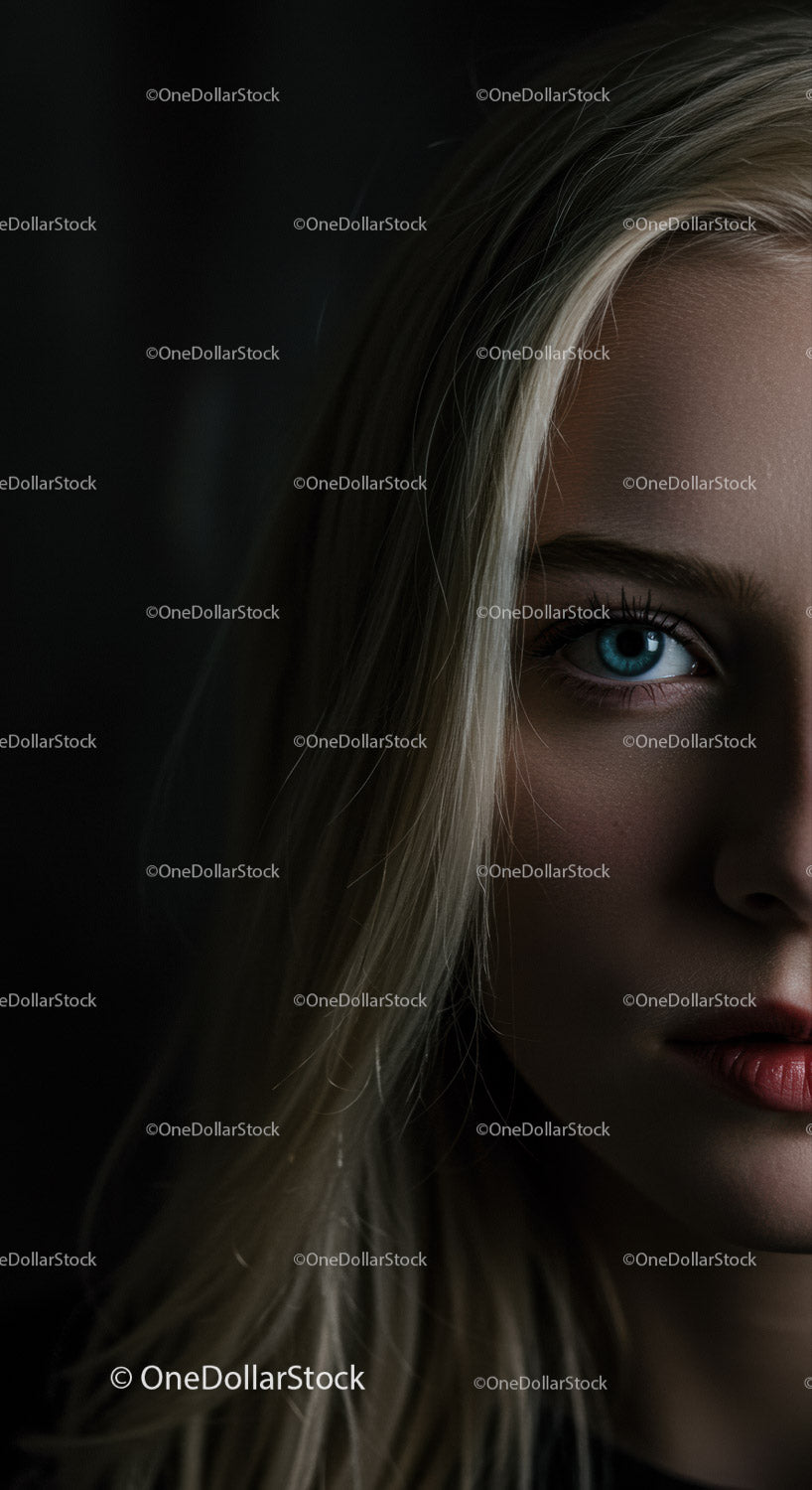 Close up portrait of thoughtful young woman with blue eyes