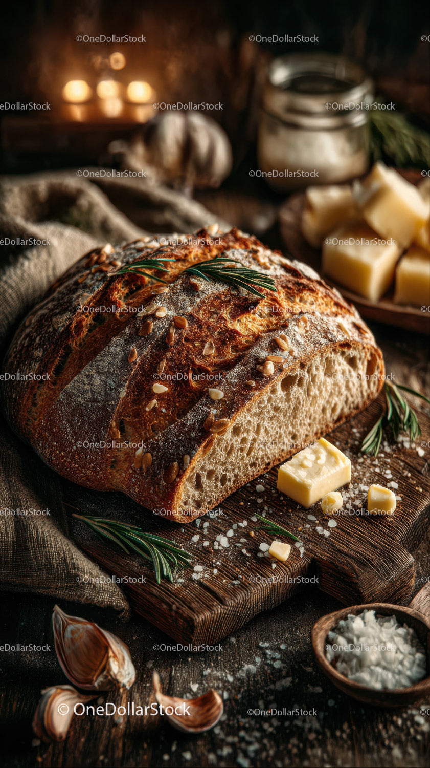 Rustic Artisan Bread with Cheese and Herbs on Wooden Board