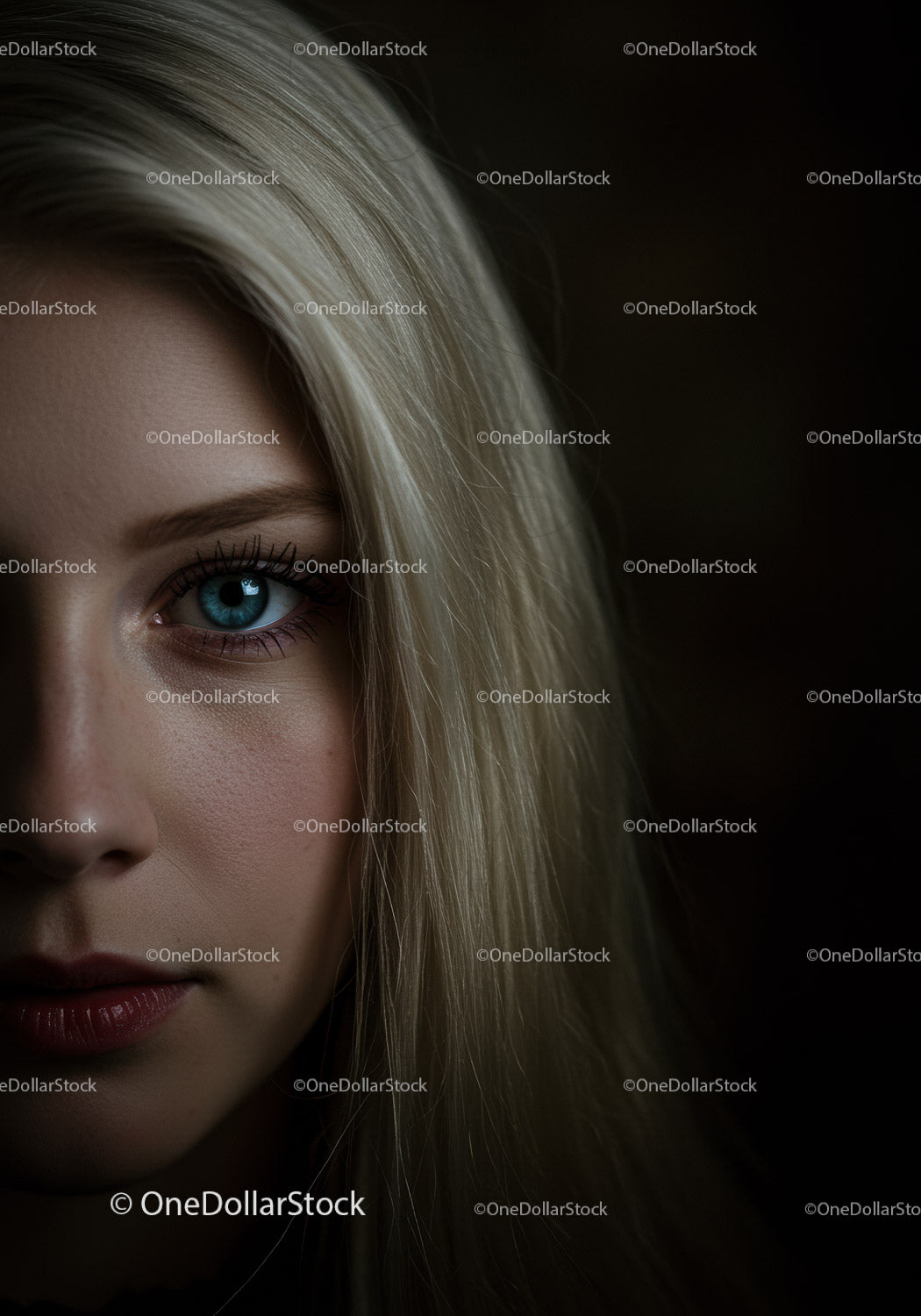 Close-up portrait of a contemplative blonde woman with blue eyes