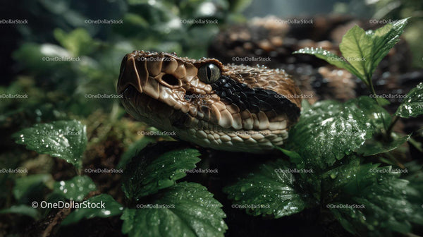 Close-Up of a Brown and Black Snake Resting in Green Leafy Forest