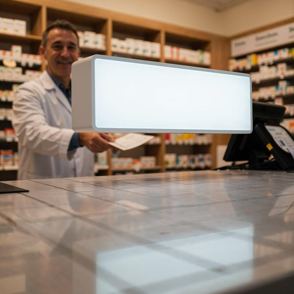 Pharmacist handing prescription in modern pharmacy setting JPG Mockup Image