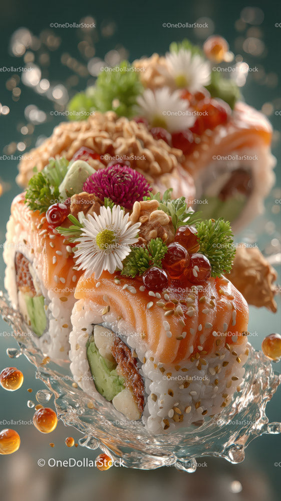 Świeże rolki sushi z łososiem i awokado z jadalnymi kwiatami