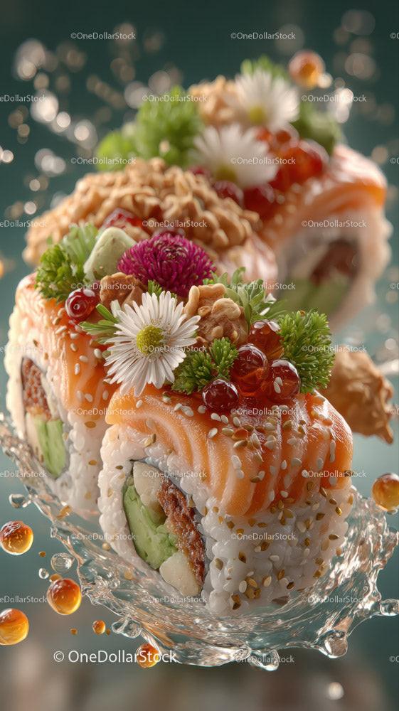 Fresh Salmon and Avocado Sushi Rolls with Edible Flowers