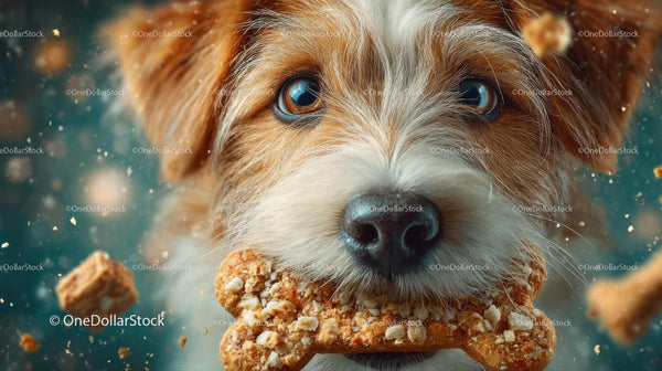 Furry Dog with Bright Blue Eyes Biting a Cookie Bone Close-Up