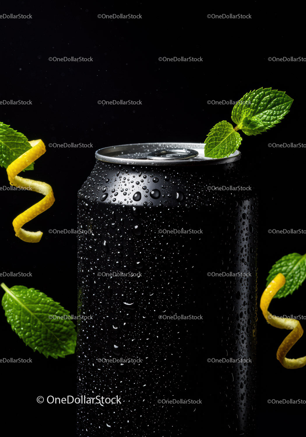 Black beverage can with fresh mint and lemon twists