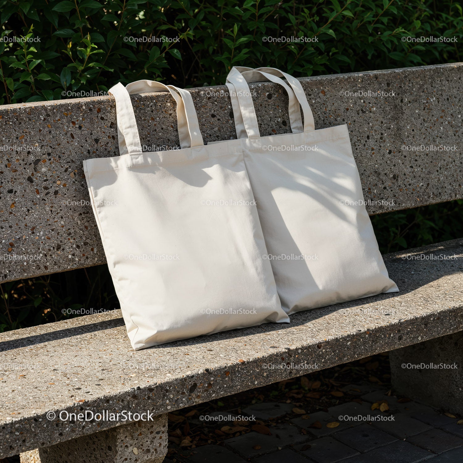 Two Blank Canvas Tote Bags on Outdoor Concrete Bench