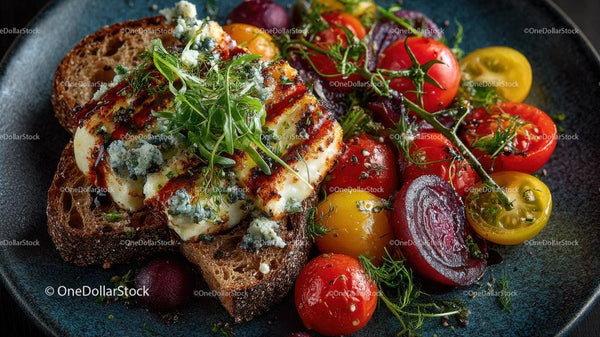 Grilled Halloumi on Rustic Toast with Colorful Cherry Tomatoes and Veggies