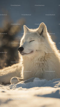 Majestic Arctic Wolf Resting in Serene Winter Wonderland
