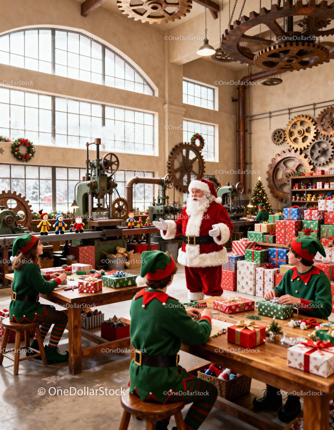 Santa Claus and elves preparing Christmas gifts in workshop
