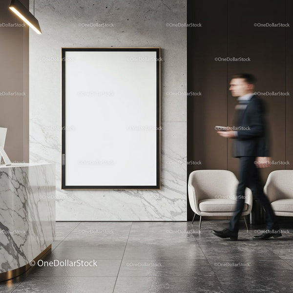 Businessman walking past blank poster in modern lobby JPG Mockup Image