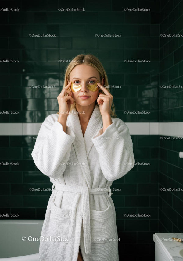 Woman in White Bathrobe Applying Eye Masks for Skincare Routine
