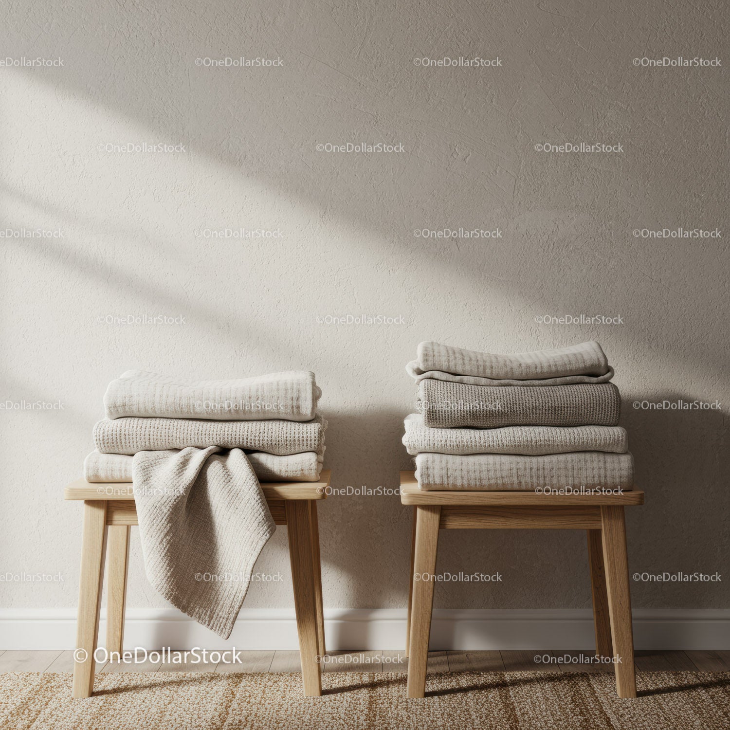 Stacks of Cozy Textured Blankets on Wooden Stools