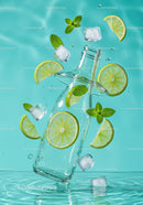 Refreshing glass bottle with lime and mint splash