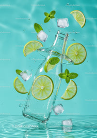 Refreshing glass bottle with lime and mint splash