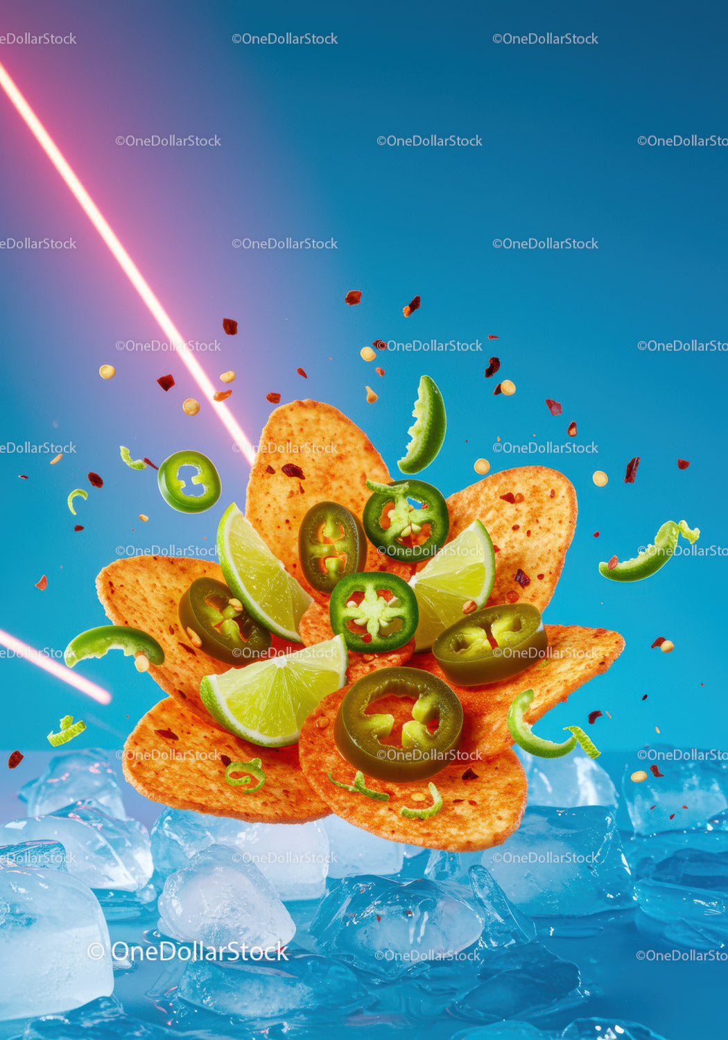 Spicy nachos with jalapenos and lime wedges on ice