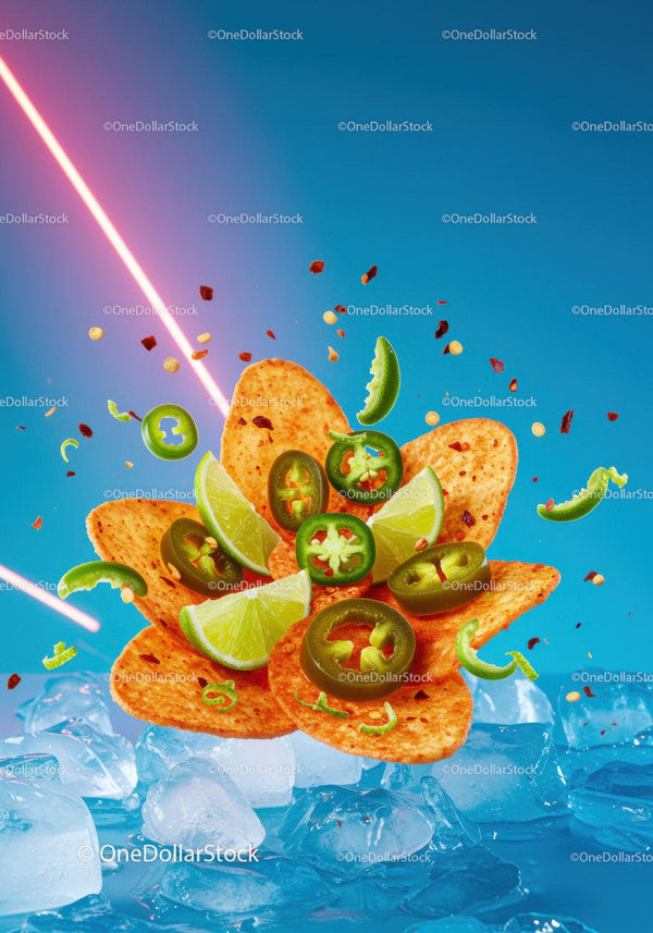 Spicy nachos with jalapenos and lime wedges on ice