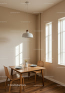 Bright Minimalist Dining Room with Wooden Table and Sunlit Windows