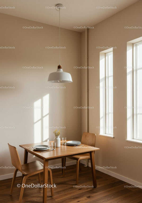 Bright Minimalist Dining Room with Wooden Table and Sunlit Windows