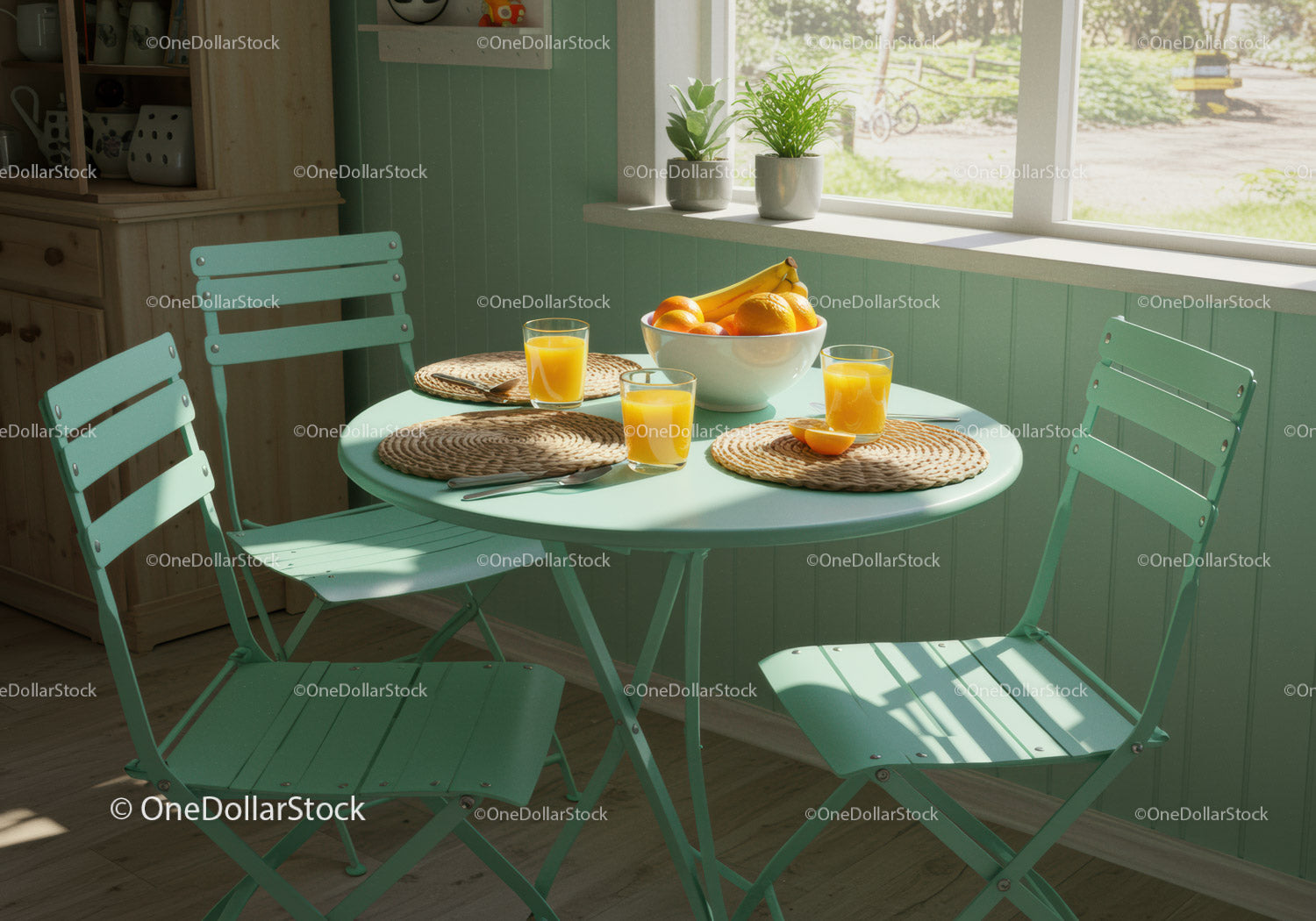 Morning sunlight on pastel dining table with fresh juice
