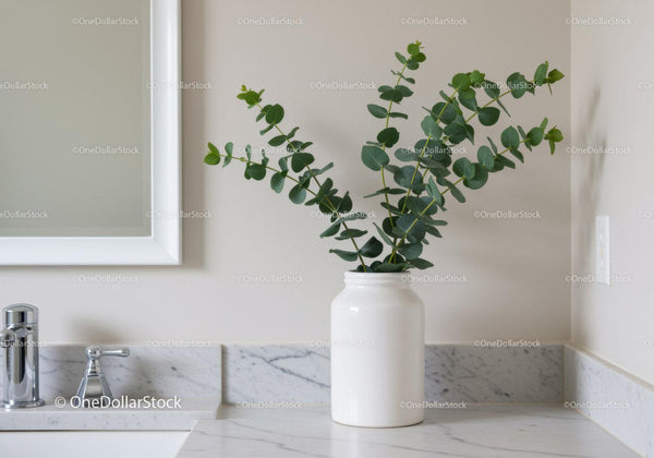 Eucalyptus Plant in White Ceramic Vase on Marble Bathroom Counter