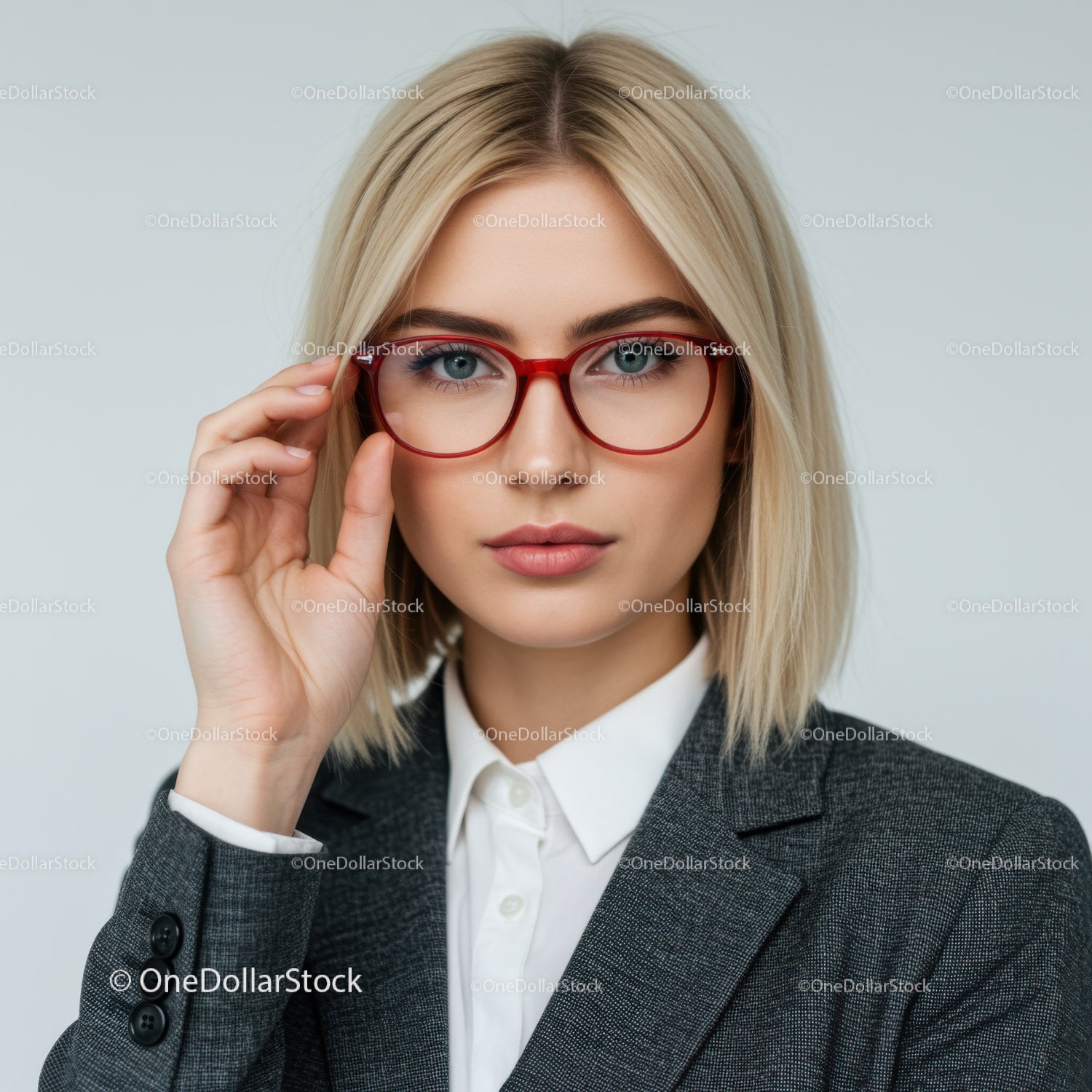 Stylowa blondynka w czerwonych okularach na profesjonalnym portrecie