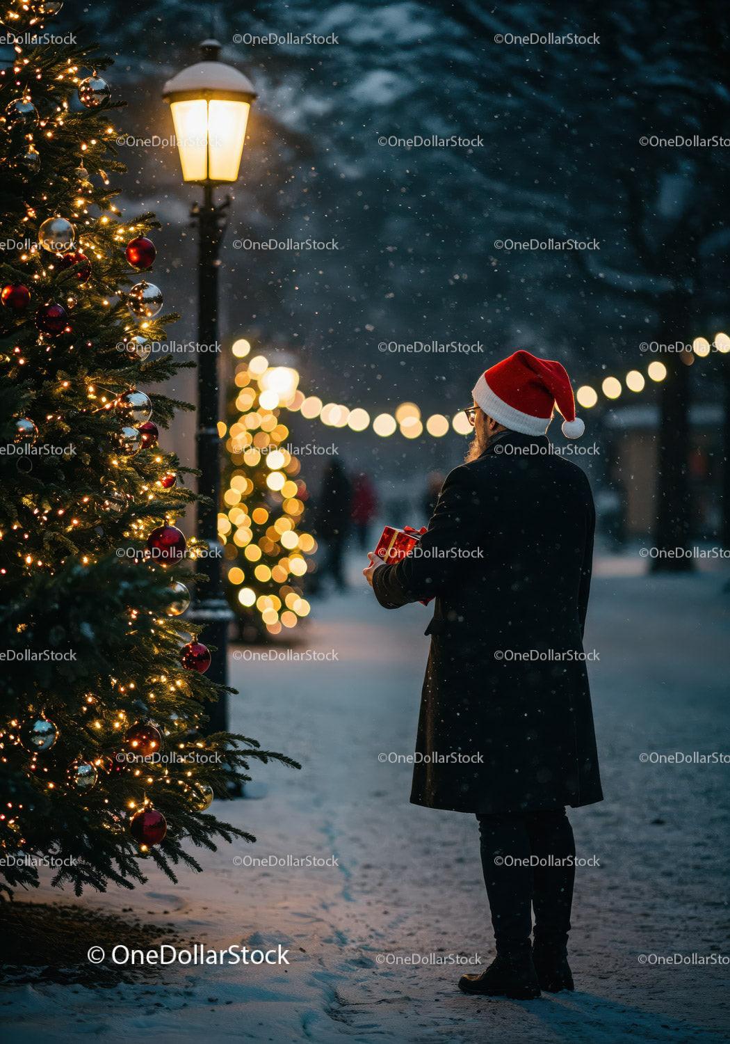 Man with Santa hat holding gift near decorated Christmas tree