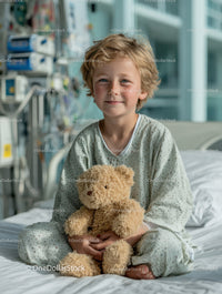 Cheerful Young Boy in Hospital Ward Holding Teddy Bear in Bright Room