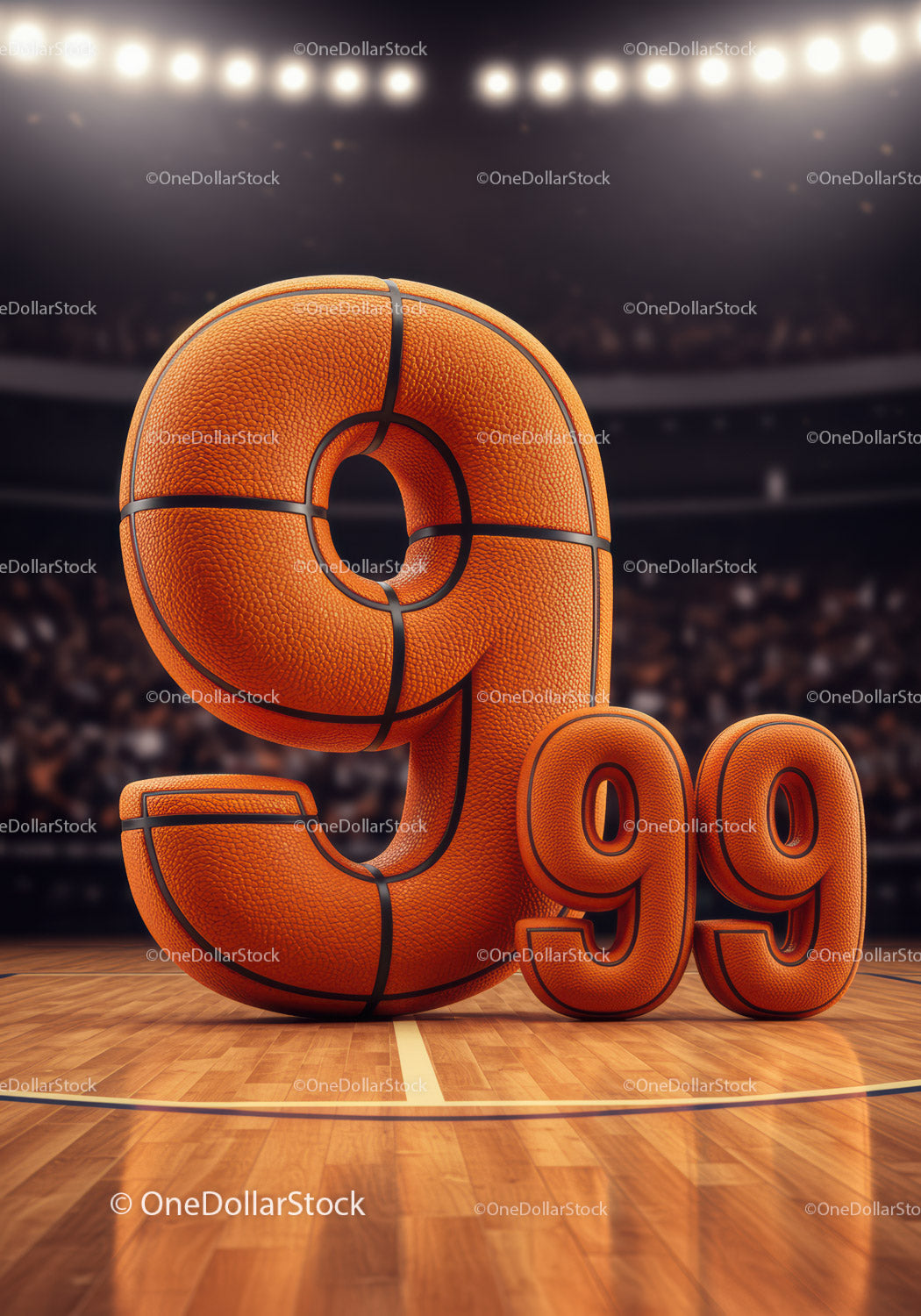 Basketball styled number nine hundred ninety nine on court
