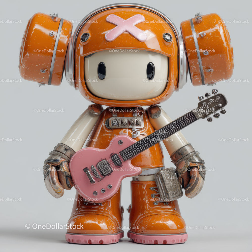 Orange Astronaut Robot Toy Holding Pink Guitar with Playful Design
