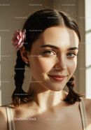 Sunlit Portrait of a Young Woman with Braided Hair and Pink Flower