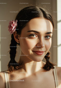 Sunlit Portrait of a Young Woman with Braided Hair and Pink Flower