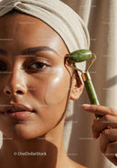 Close-Up of Woman Using Jade Roller for Glowing Skin and Facial Rejuvenation