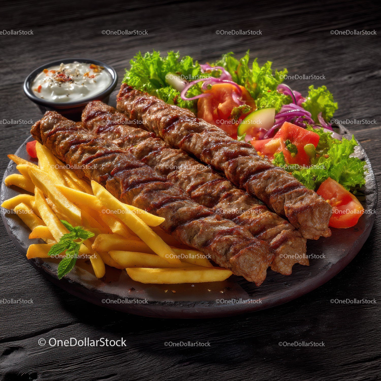 Grilled Meat Kebabs with French Fries Salad and Yogurt Sauce