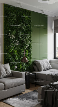 Modern Living Room with Green Plant Wall and Cozy Gray Sofas
