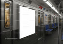 Empty subway car interior with blank advertising board