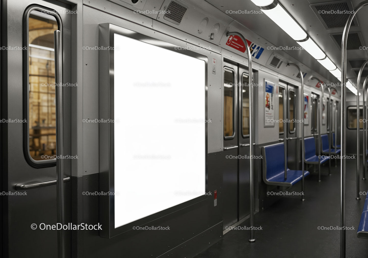 Empty subway car interior with blank advertising board