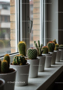 Variety of Cactus and Succulent Plants on Windowsill in Modern Home