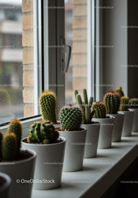 Variety of Cactus and Succulent Plants on Windowsill in Modern Home