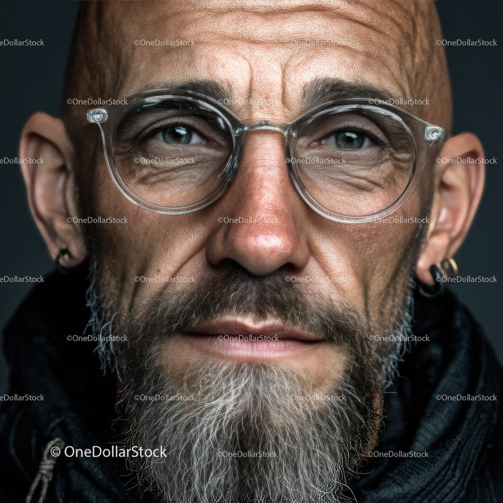 Portret zamyślonego brodatego mężczyzny w okularach
