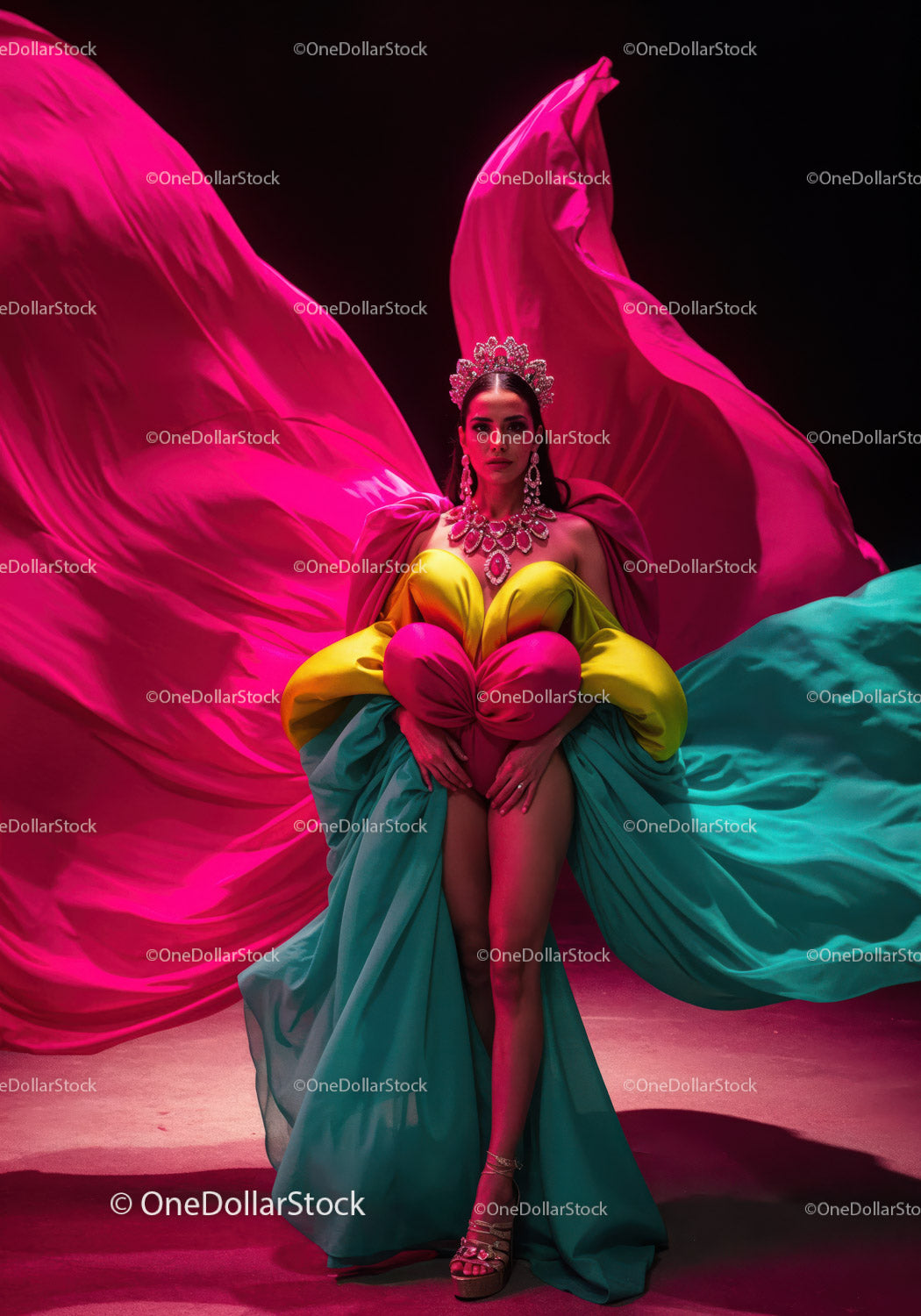 Fashion Model in Vibrant Pink and Yellow Flowing Gown