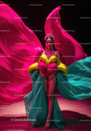 Fashion Model in Vibrant Pink and Yellow Flowing Gown